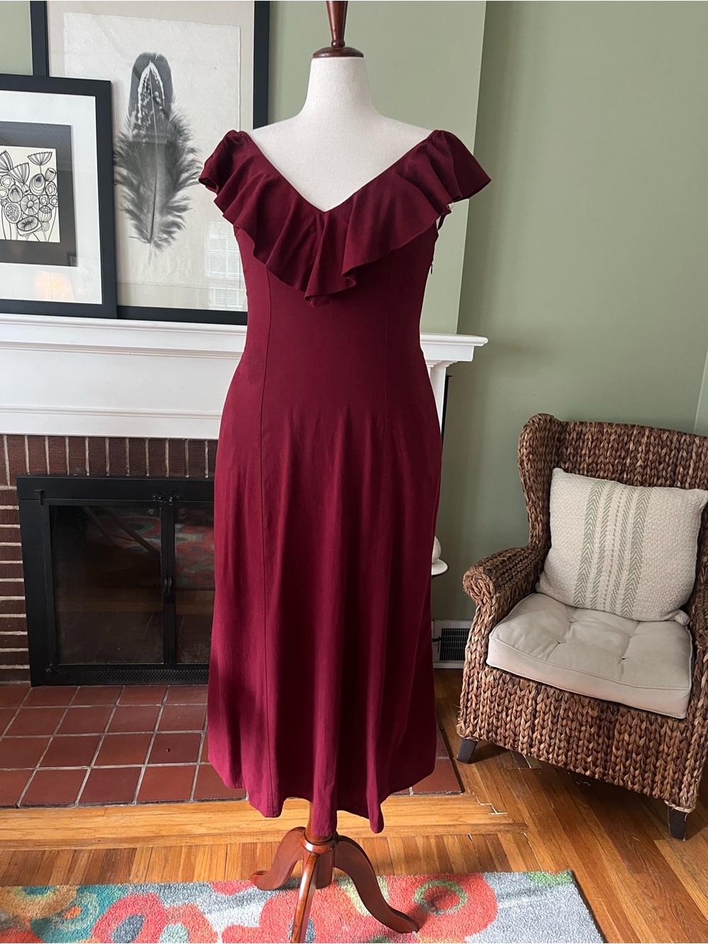 NWT Burgundy Ruffle Midi Dress - Fall Wedding Guest - size M
